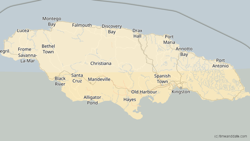 A map of Jamaica, showing the path of the Jan 26, 2028 Annular Solar Eclipse