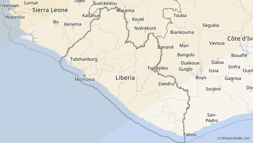 A map of Liberia, showing the path of the Jan 26, 2028 Annular Solar Eclipse