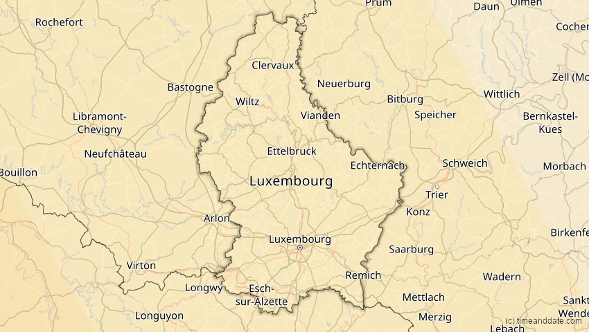 A map of Luxembourg, showing the path of the Jan 26, 2028 Annular Solar Eclipse
