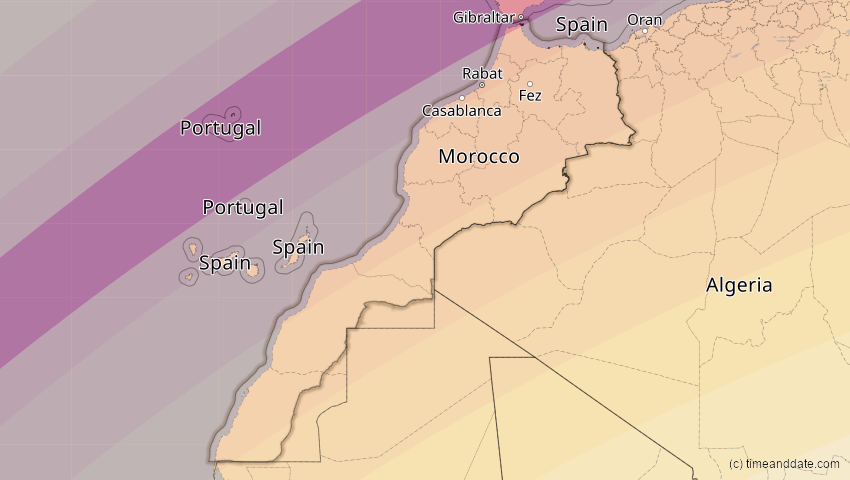 A map of Morocco, showing the path of the Jan 26, 2028 Annular Solar Eclipse