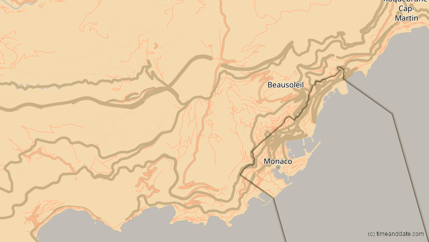 A map of Monaco, showing the path of the 26. Jan 2028 Ringförmige Sonnenfinsternis
