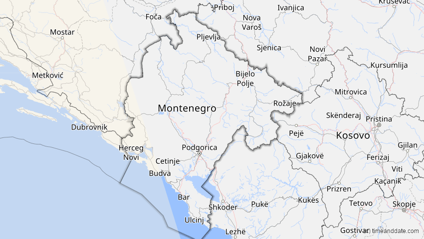 A map of Montenegro, showing the path of the Jan 26, 2028 Annular Solar Eclipse