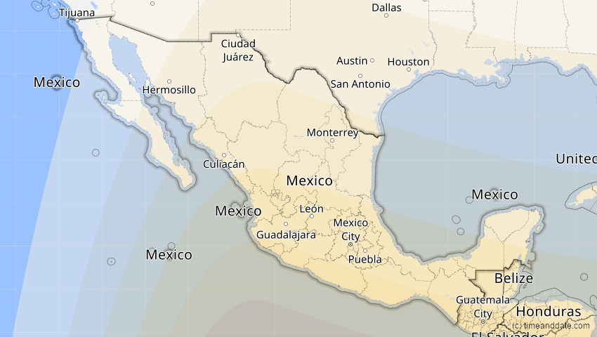 A map of Mexico, showing the path of the Jan 26, 2028 Annular Solar Eclipse