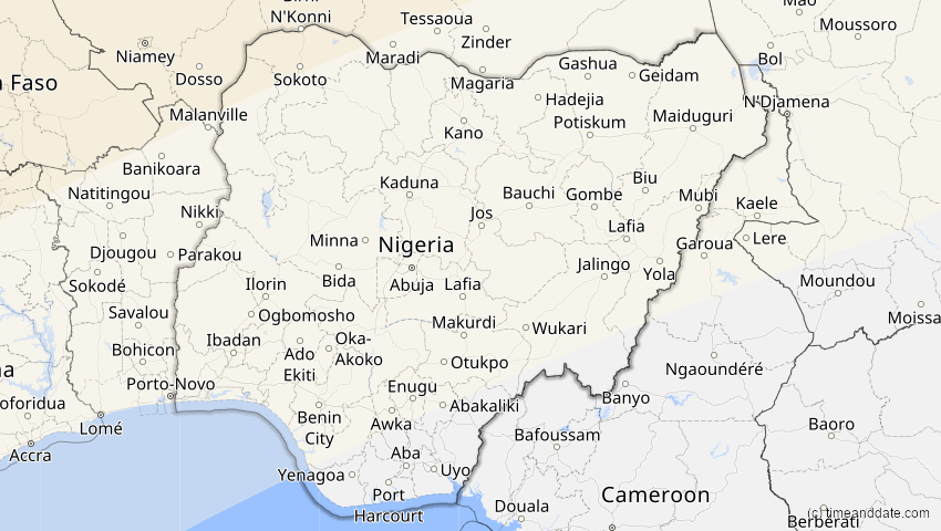 A map of Nigeria, showing the path of the Jan 26, 2028 Annular Solar Eclipse