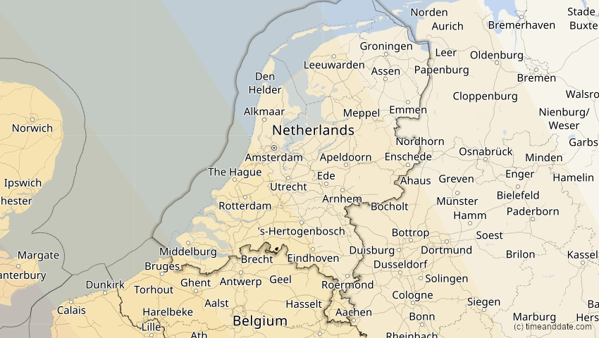 A map of Niederlande, showing the path of the 26. Jan 2028 Ringförmige Sonnenfinsternis