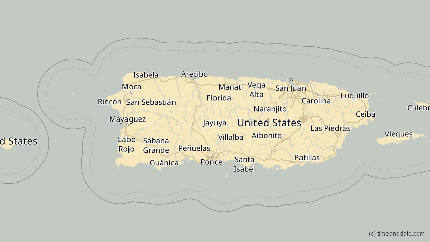 A map of Puerto Rico, showing the path of the 26. Jan 2028 Ringförmige Sonnenfinsternis