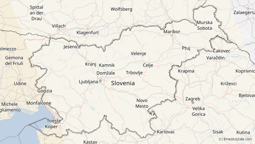 A map of Slovenia, showing the path of the Jan 26, 2028 Annular Solar Eclipse