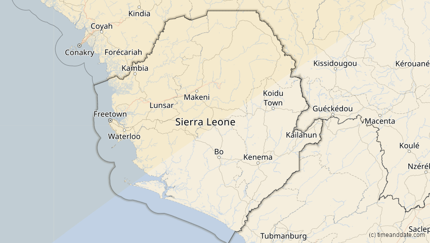 A map of Sierra Leone, showing the path of the 26. Jan 2028 Ringförmige Sonnenfinsternis