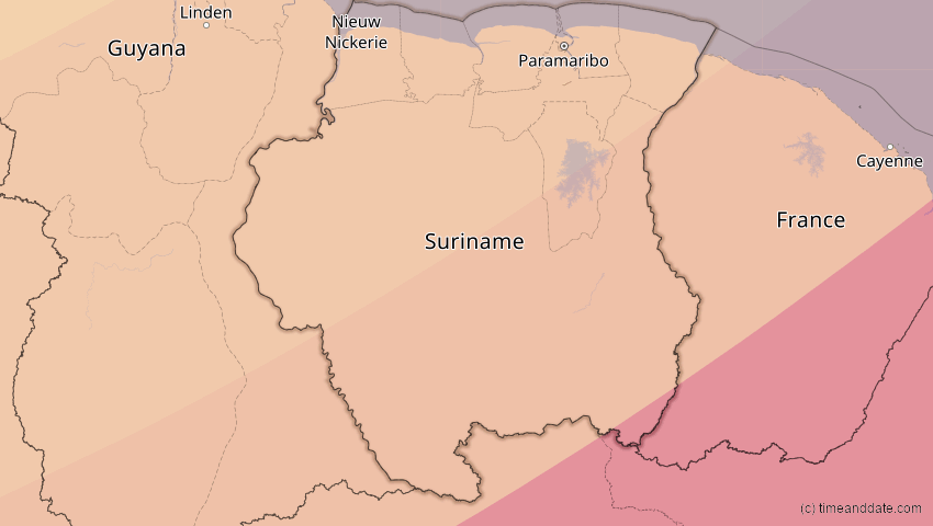 A map of Suriname, showing the path of the 26. Jan 2028 Ringförmige Sonnenfinsternis