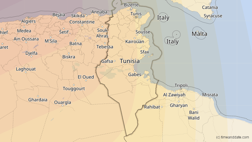 A map of Tunisia, showing the path of the Jan 26, 2028 Annular Solar Eclipse