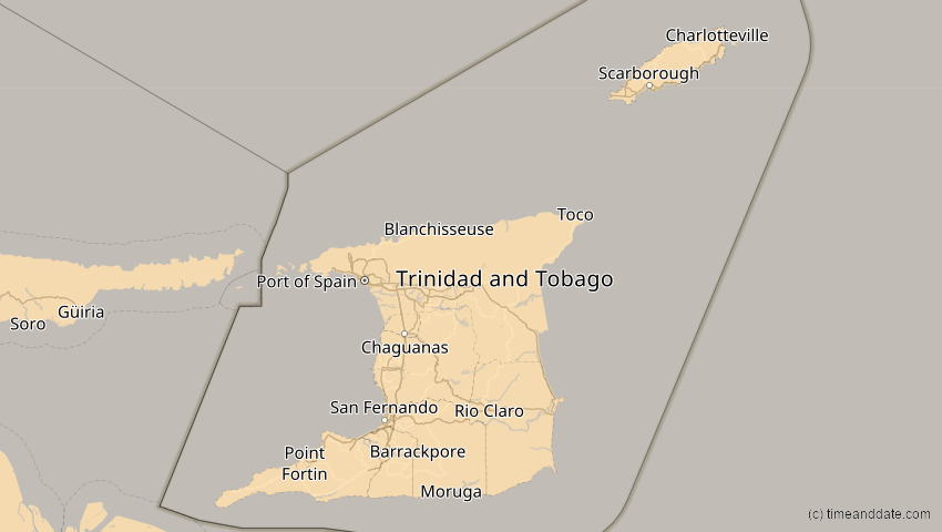 A map of Trinidad and Tobago, showing the path of the Jan 26, 2028 Annular Solar Eclipse