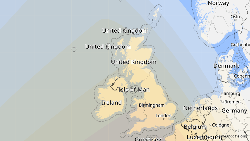A map of United Kingdom, showing the path of the Jan 26, 2028 Annular Solar Eclipse