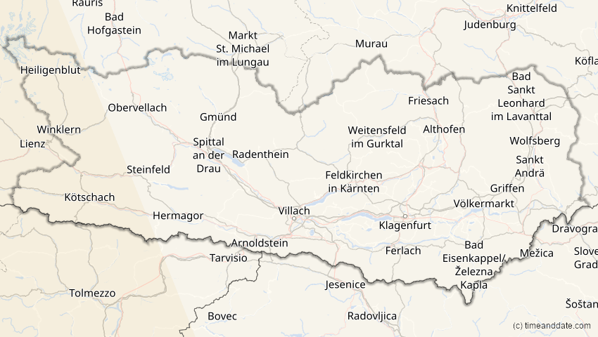 A map of Kärnten, Österreich, showing the path of the 26. Jan 2028 Ringförmige Sonnenfinsternis
