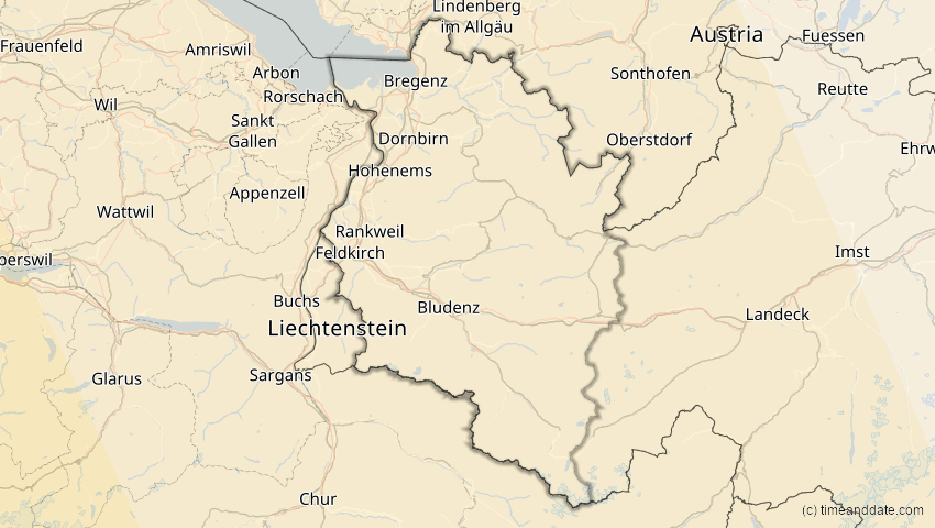 A map of Vorarlberg, Österreich, showing the path of the 26. Jan 2028 Ringförmige Sonnenfinsternis