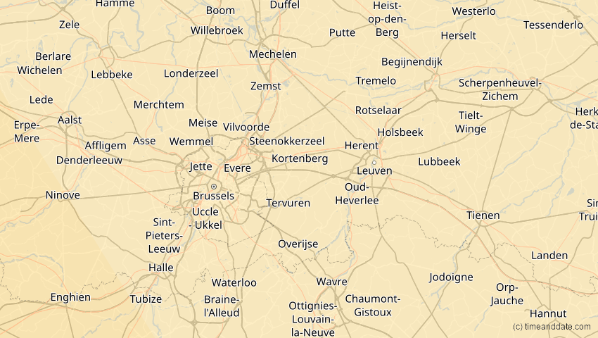 A map of Flämisch-Brabant, Belgien, showing the path of the 26. Jan 2028 Ringförmige Sonnenfinsternis