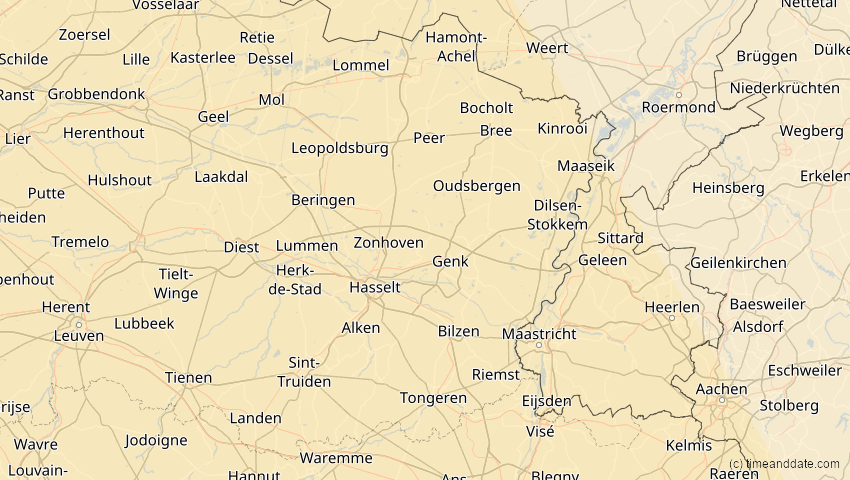 A map of Limburg, Belgien, showing the path of the 26. Jan 2028 Ringförmige Sonnenfinsternis