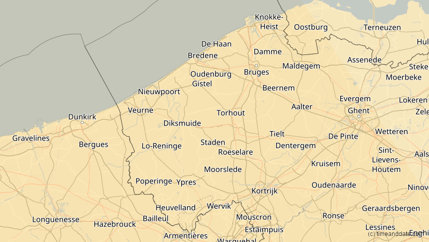 A map of West Flanders, Belgium, showing the path of the Jan 26, 2028 Annular Solar Eclipse