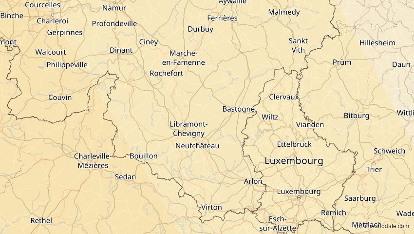 A map of Luxemburg, Belgien, showing the path of the 26. Jan 2028 Ringförmige Sonnenfinsternis