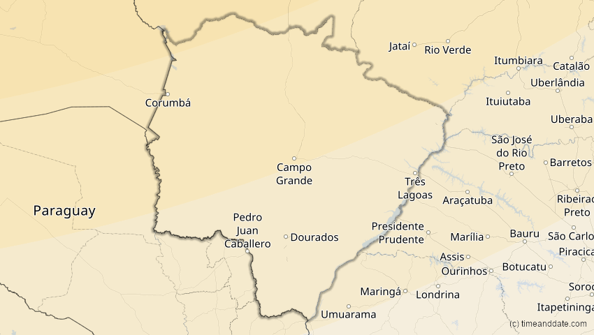 A map of Mato Grosso Do Sul, Brazil, showing the path of the Jan 26, 2028 Annular Solar Eclipse