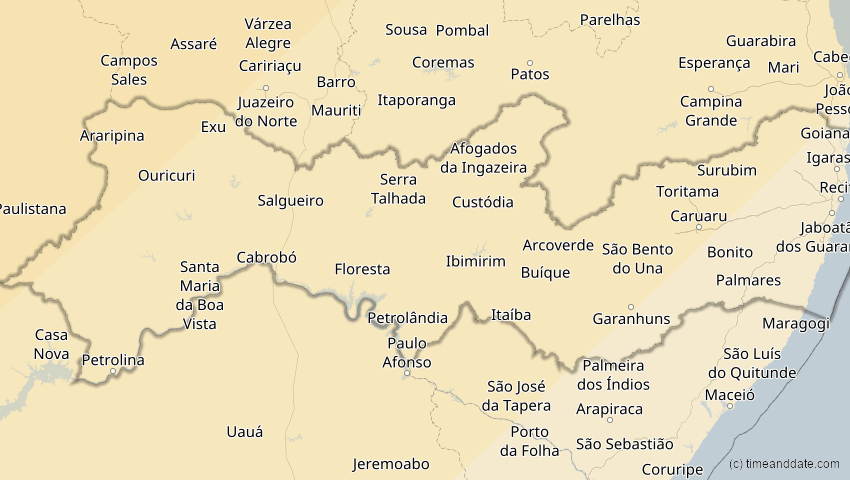 A map of Pernambuco, Brasilien, showing the path of the 26. Jan 2028 Ringförmige Sonnenfinsternis