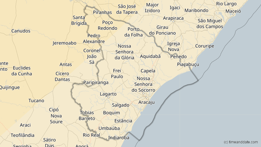 A map of Sergipe, Brasilien, showing the path of the 26. Jan 2028 Ringförmige Sonnenfinsternis