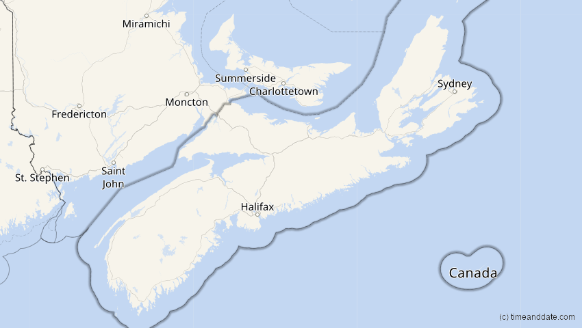 A map of Nova Scotia, Kanada, showing the path of the 26. Jan 2028 Ringförmige Sonnenfinsternis