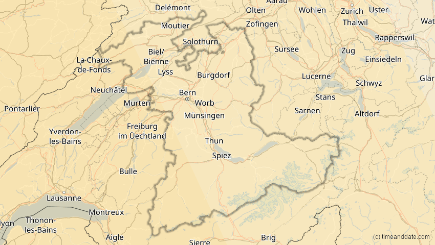 A map of Bern, Schweiz, showing the path of the 26. Jan 2028 Ringförmige Sonnenfinsternis