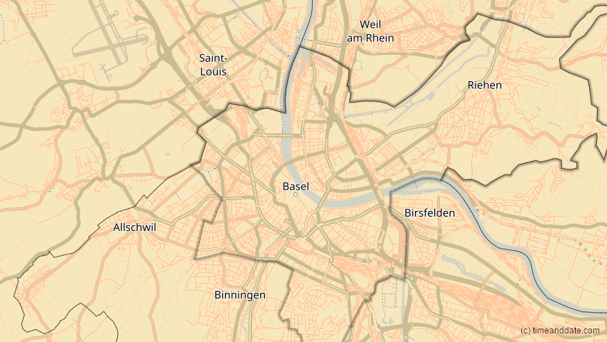 A map of Basel-Stadt, Schweiz, showing the path of the 26. Jan 2028 Ringförmige Sonnenfinsternis