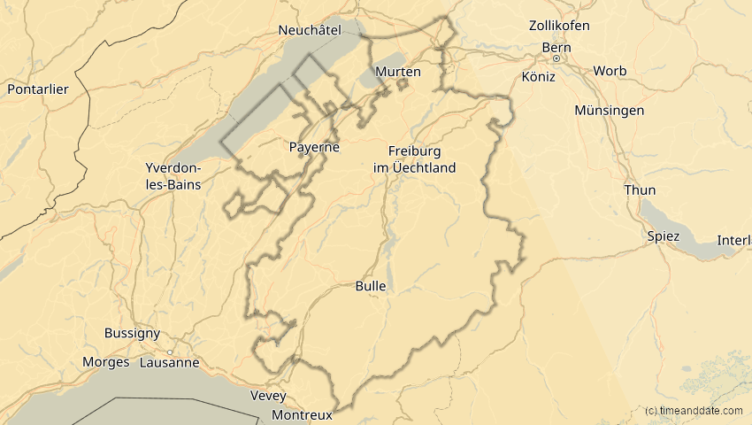 A map of Fribourg, Switzerland, showing the path of the Jan 26, 2028 Annular Solar Eclipse