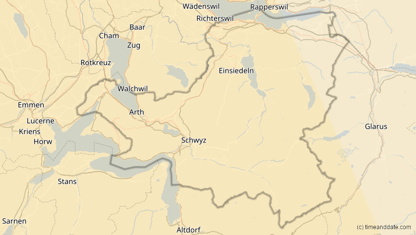 A map of Schwyz, Switzerland, showing the path of the Jan 26, 2028 Annular Solar Eclipse