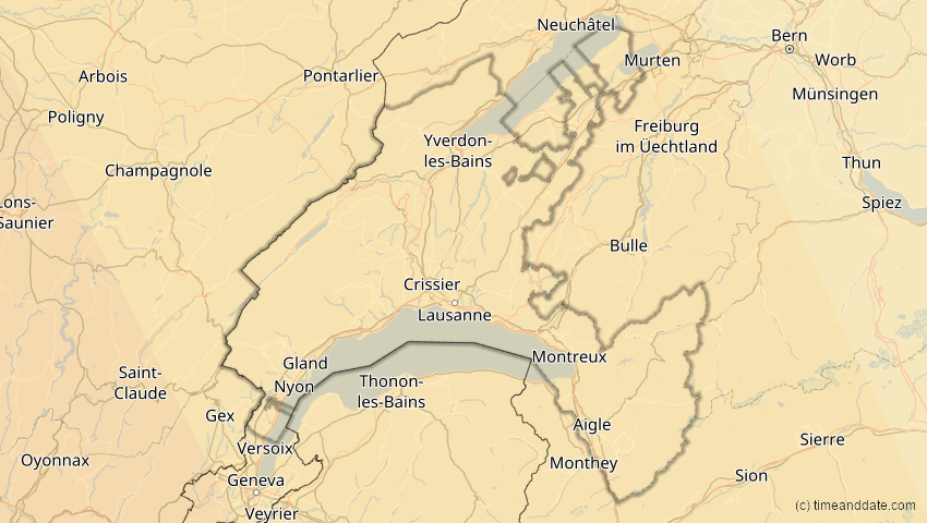A map of Vaud, Switzerland, showing the path of the Jan 26, 2028 Annular Solar Eclipse