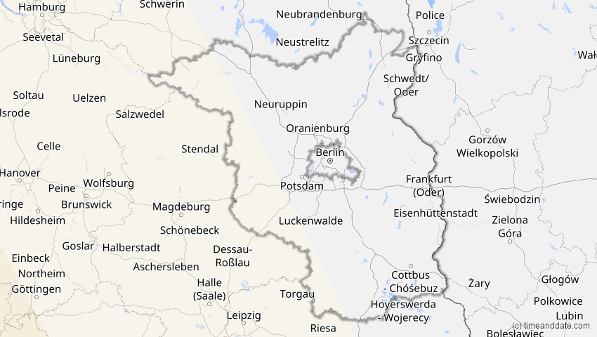 A map of Brandenburg, Deutschland, showing the path of the 26. Jan 2028 Ringförmige Sonnenfinsternis