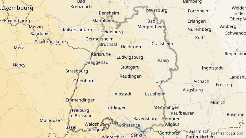 A map of Baden-Württemberg, Germany, showing the path of the Jan 26, 2028 Annular Solar Eclipse