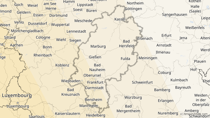 A map of Hessen, Deutschland, showing the path of the 26. Jan 2028 Ringförmige Sonnenfinsternis