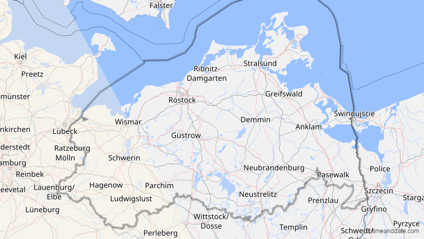 A map of Mecklenburg-Western Pomerania, Germany, showing the path of the Jan 26, 2028 Annular Solar Eclipse