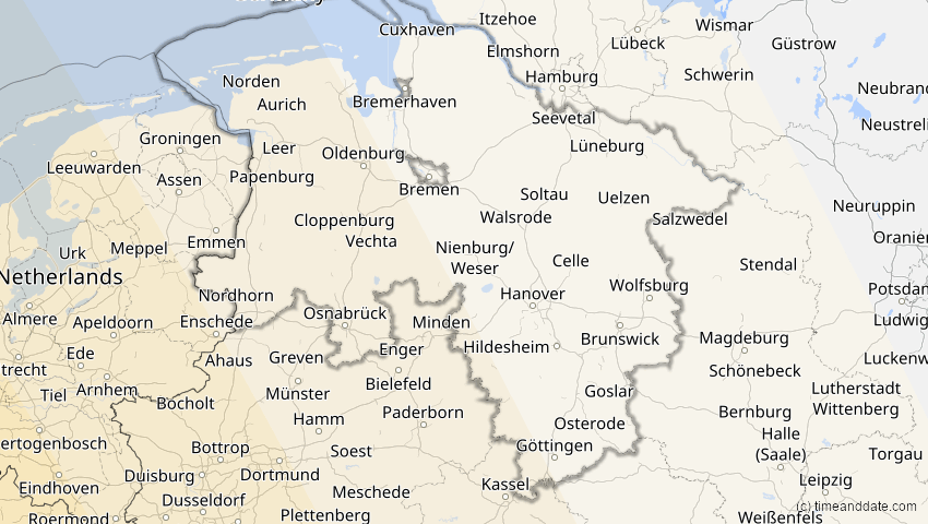 A map of Niedersachsen, Deutschland, showing the path of the 26. Jan 2028 Ringförmige Sonnenfinsternis
