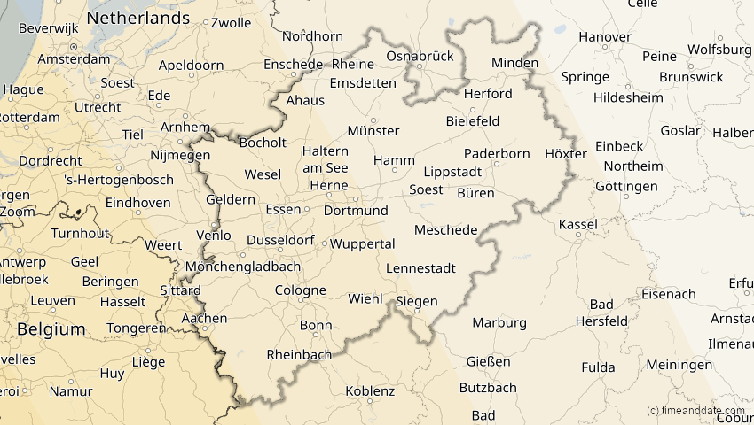 A map of Nordrhein-Westfalen, Deutschland, showing the path of the 26. Jan 2028 Ringförmige Sonnenfinsternis