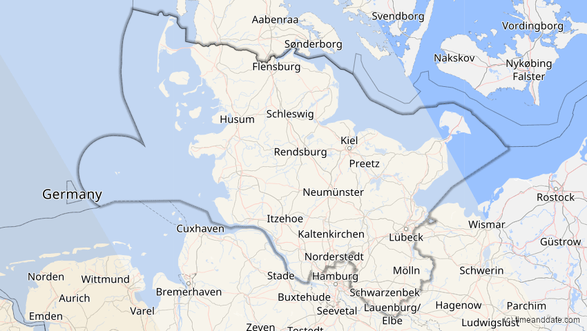 A map of Schleswig-Holstein, Deutschland, showing the path of the 26. Jan 2028 Ringförmige Sonnenfinsternis