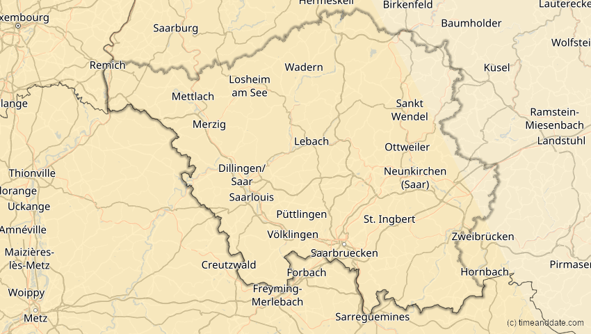 A map of Saarland, Deutschland, showing the path of the 26. Jan 2028 Ringförmige Sonnenfinsternis