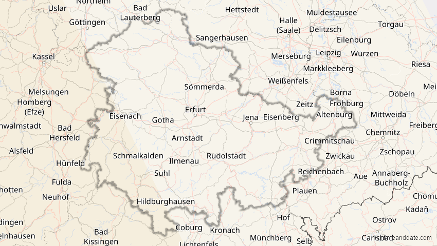 A map of Thüringen, Deutschland, showing the path of the 26. Jan 2028 Ringförmige Sonnenfinsternis