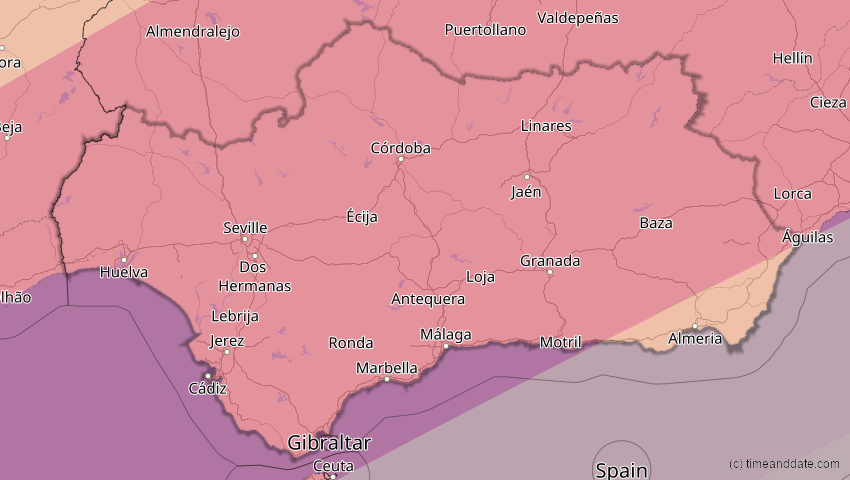 A map of Andalusia, Spain, showing the path of the Jan 26, 2028 Annular Solar Eclipse