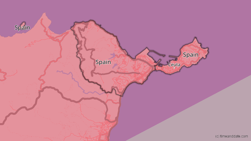 A map of Ceuta, Spanien, showing the path of the 26. Jan 2028 Ringförmige Sonnenfinsternis