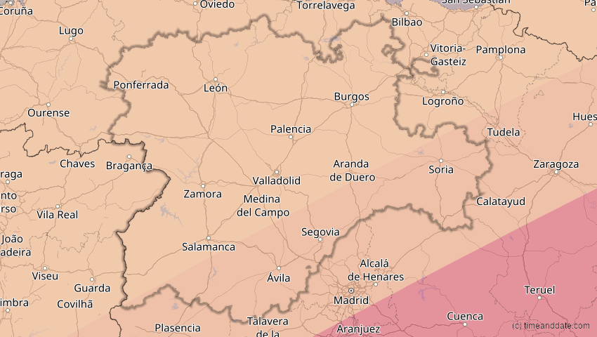 A map of Kastilien und León, Spanien, showing the path of the 26. Jan 2028 Ringförmige Sonnenfinsternis