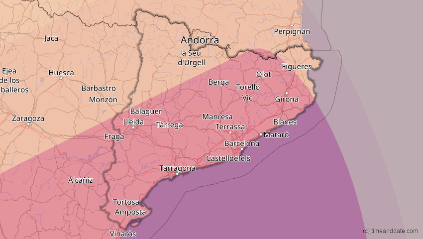 A map of Catalonia, Spain, showing the path of the Jan 26, 2028 Annular Solar Eclipse