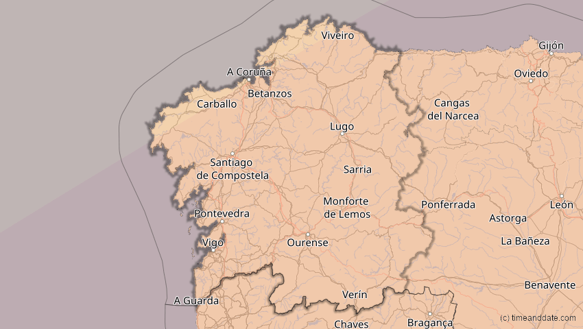A map of Galicia, Spain, showing the path of the Jan 26, 2028 Annular Solar Eclipse