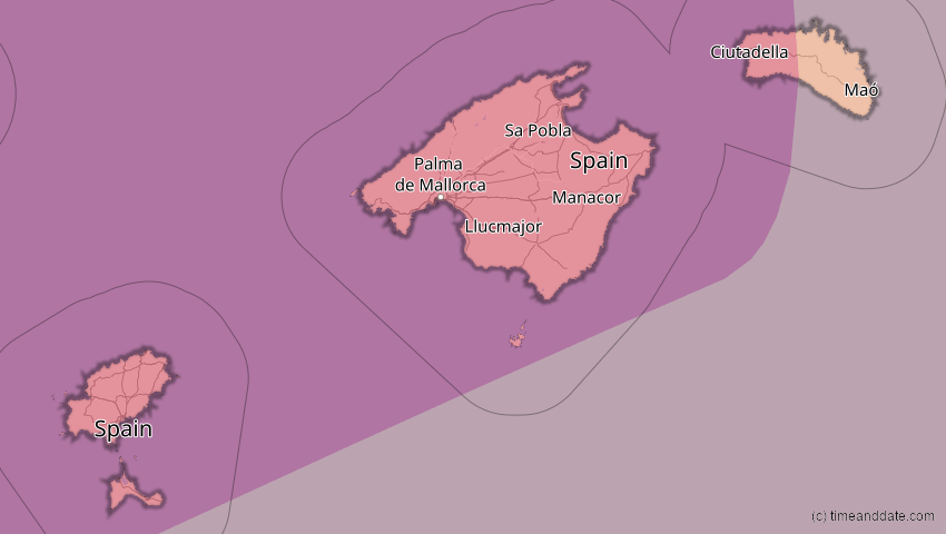 A map of Balearic Islands, Spain, showing the path of the Jan 26, 2028 Annular Solar Eclipse