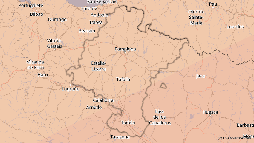 A map of Navarra, Spanien, showing the path of the 26. Jan 2028 Ringförmige Sonnenfinsternis