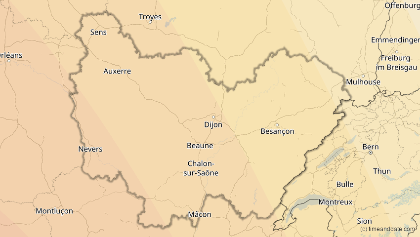 A map of Bourgogne-Franche-Comté, France, showing the path of the Jan 26, 2028 Annular Solar Eclipse