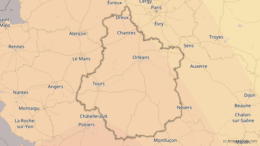 A map of Centre-Val de Loire, France, showing the path of the Jan 26, 2028 Annular Solar Eclipse