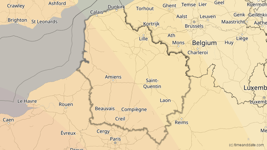 A map of Hauts-de-France, Frankreich, showing the path of the 26. Jan 2028 Ringförmige Sonnenfinsternis